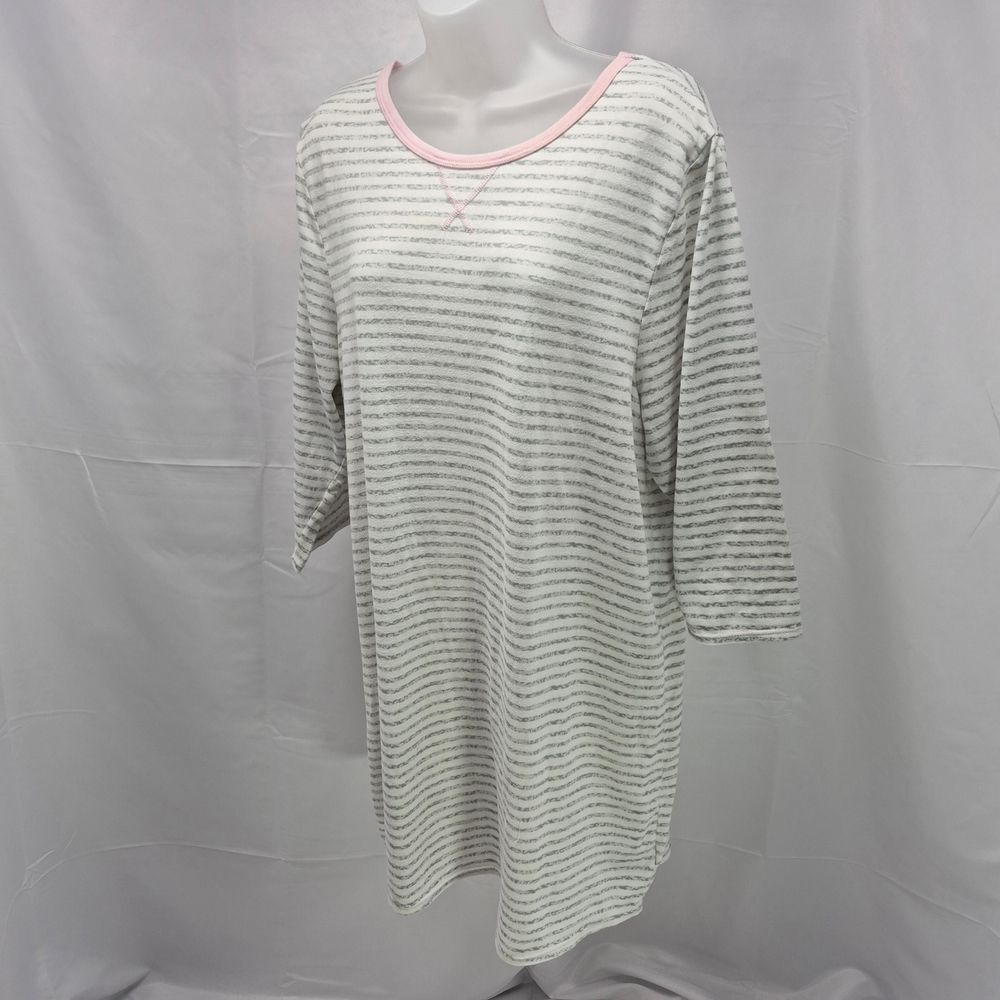 Nautica Women's White Grey Striped Pink Trim 3/4 Sleeve Sleepshirt Nightgown 1X